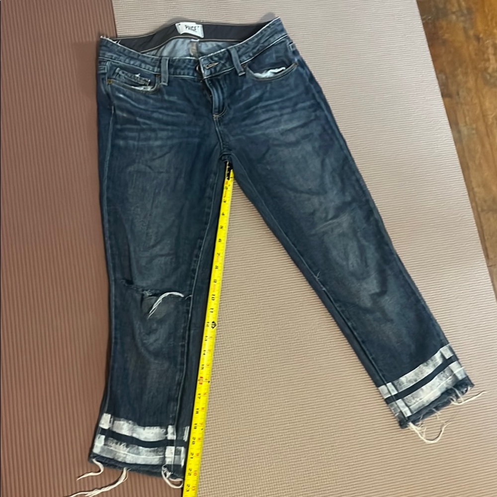 PAIGE Blue Ankle Cropped Jeans with Distressed Details